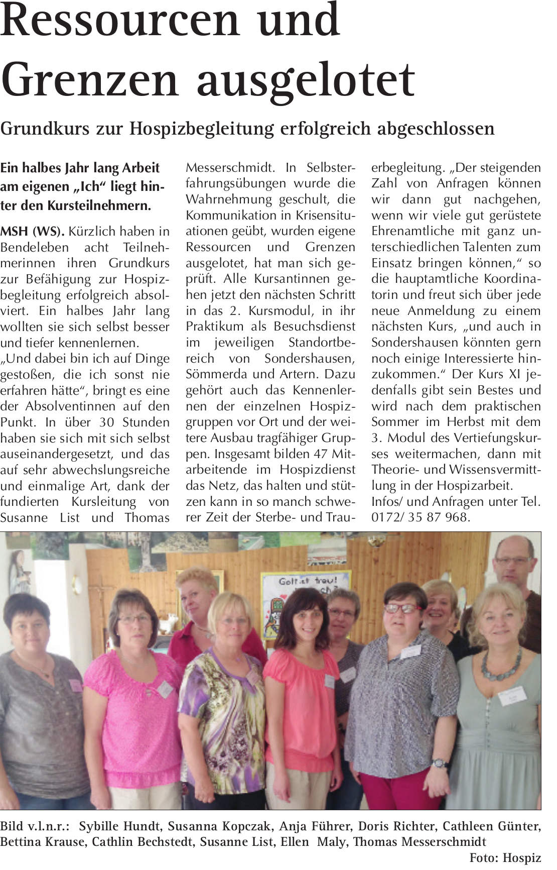 Abschluss des Grundkurs zum Hospizbegleiter 2014